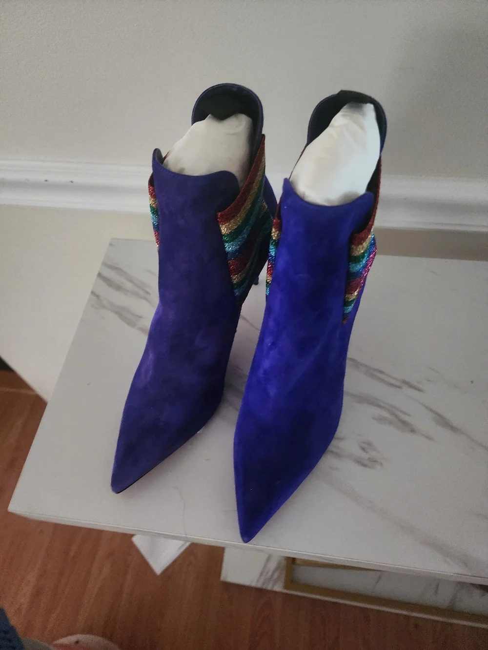 Christian Louboutin Women's Electric Blue Suede Pointed Booties  Rainbow Accent